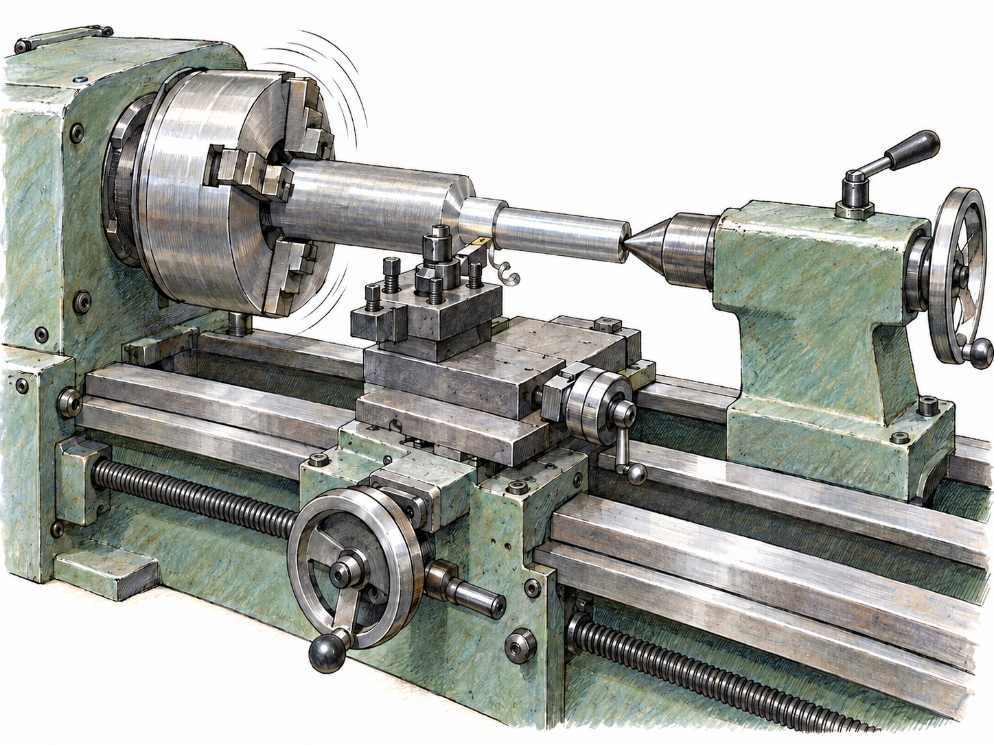 An isolated metalworking lathe actively turning a cylindrical metal workpiece, with its cutting tool contacting the rotating surface and peeling away a curled shaving.