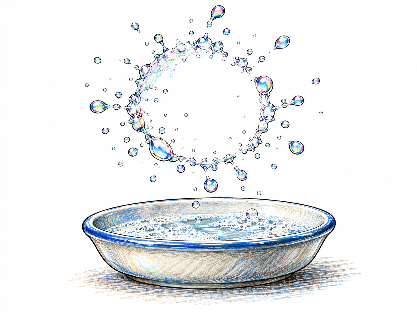 A soap bubble bursts into a delicate ring of droplets above a shallow soap dish, showing a fleeting phenomenon lasting only an instant; no sequence arrows or words.