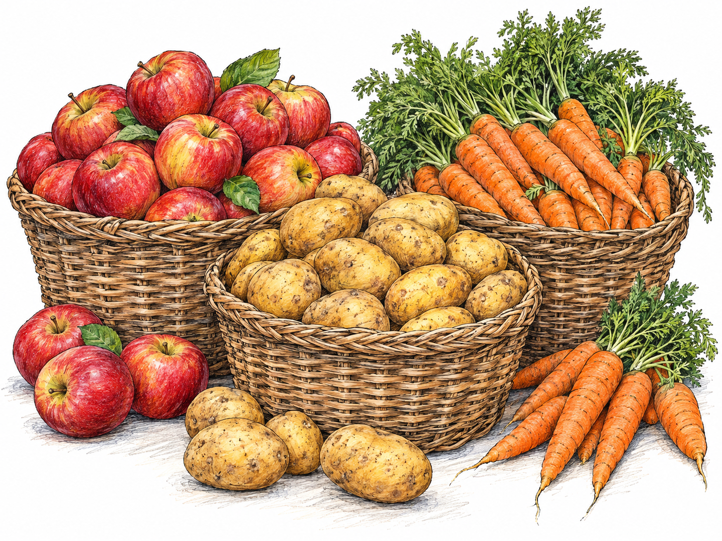 Three broad harvest baskets packed to their brims with plentiful fresh produce, with additional produce gathered neatly beside them, making an abundant supply immediately visible.