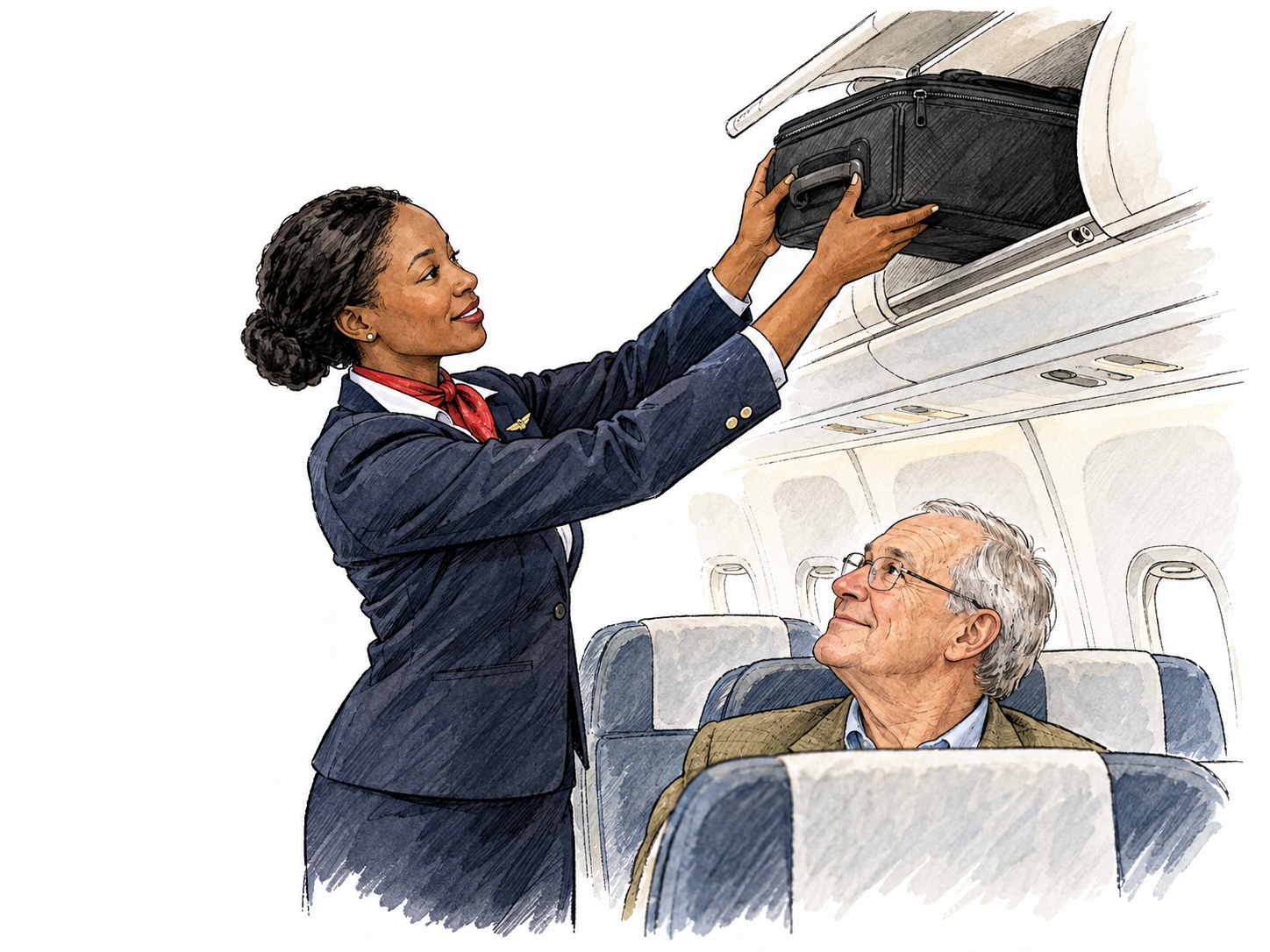 A Black flight attendant politely helps an older white passenger place a bag.
