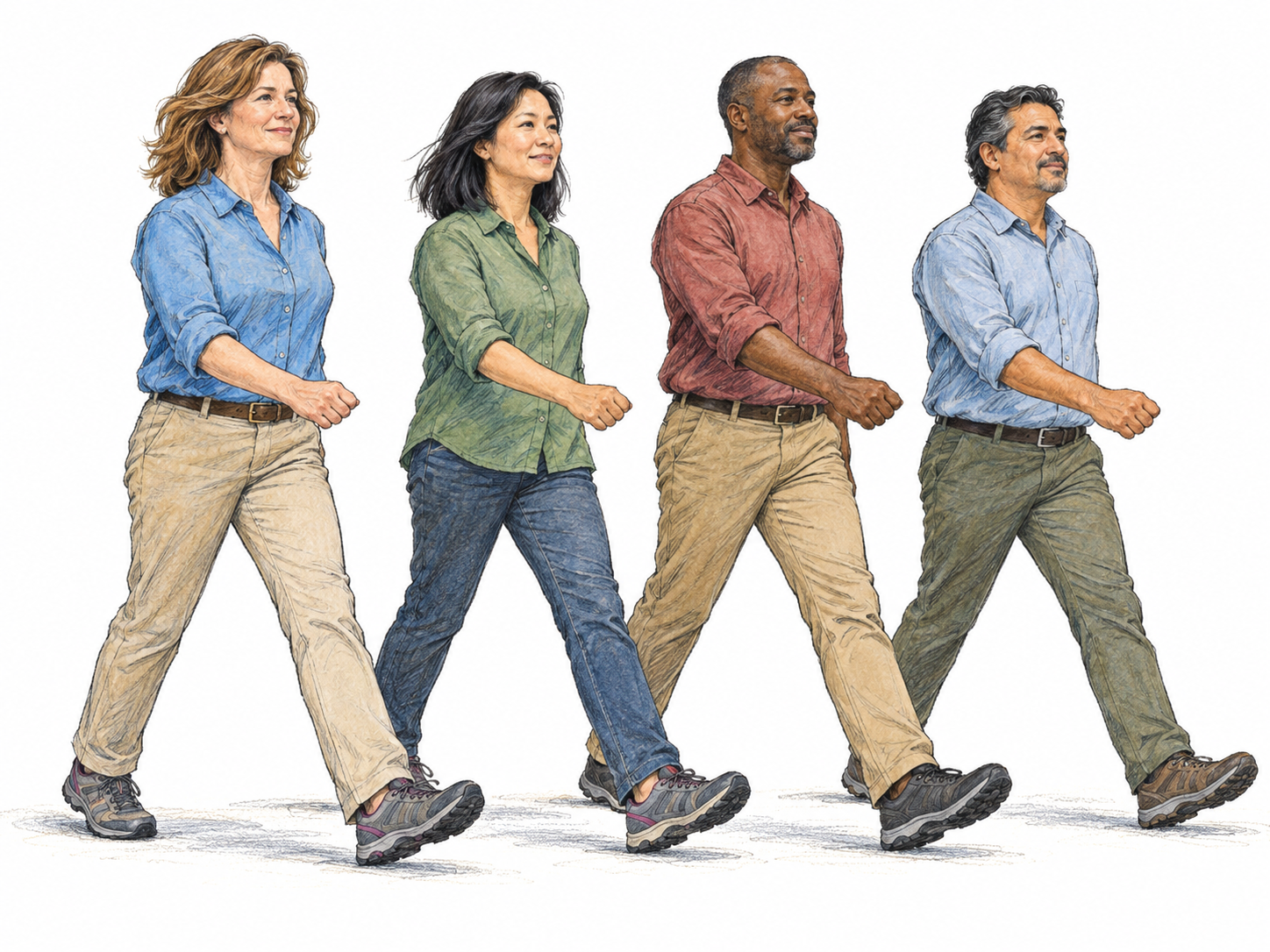 A compact line of four walkers marching in step, with evenly spaced bodies, matching forward strides, and coordinated opposite arm swings making a rhythmic pattern of movement visible.