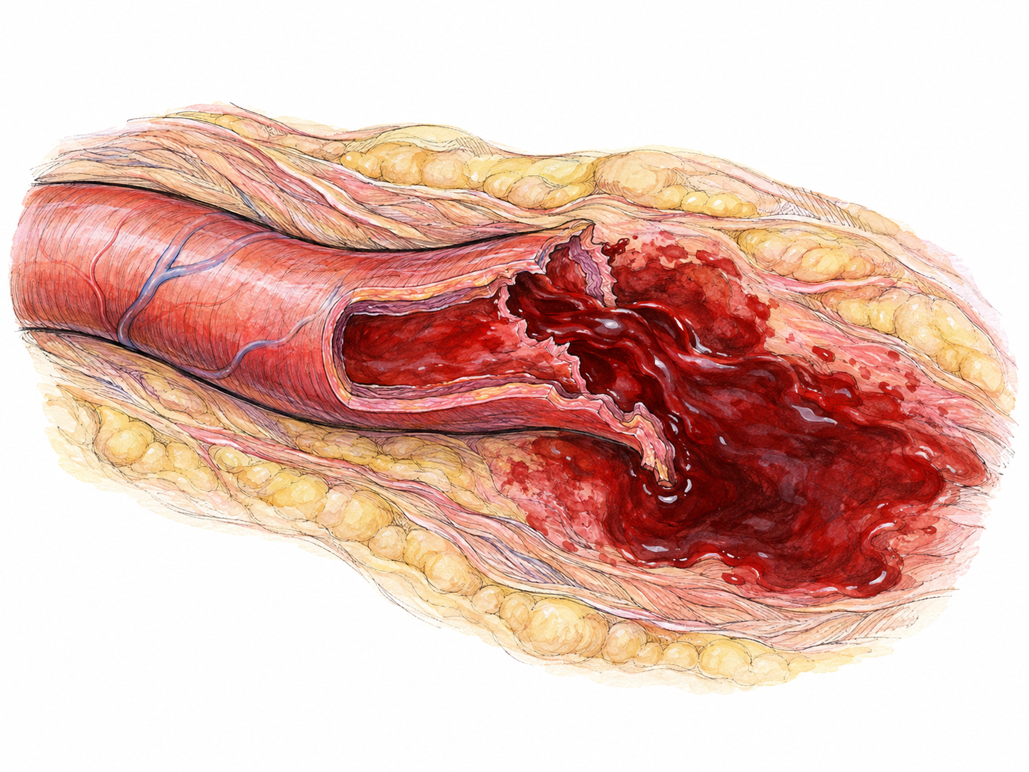 A close-up anatomical cutaway of a ruptured blood vessel, showing substantial blood escaping through a clear break in its wall into surrounding tissue.