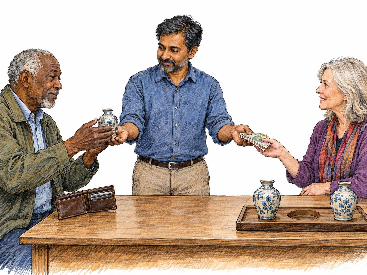 A centrally positioned intermediary facilitates a visible exchange between a buyer and a seller: he passes the buyer's payment to the seller while handing the seller's ceramic vase to the buyer.