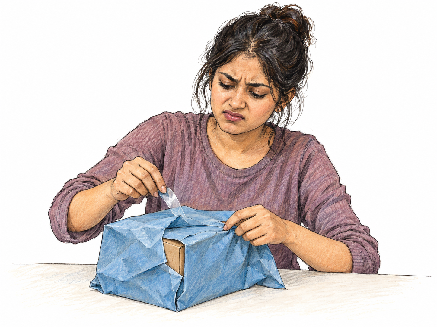 A young adult South Asian woman bungles wrapping a small gift: the paper is crumpled and misaligned, one corner of the box remains exposed, and tape sticks awkwardly between her fingers and the wrapping.