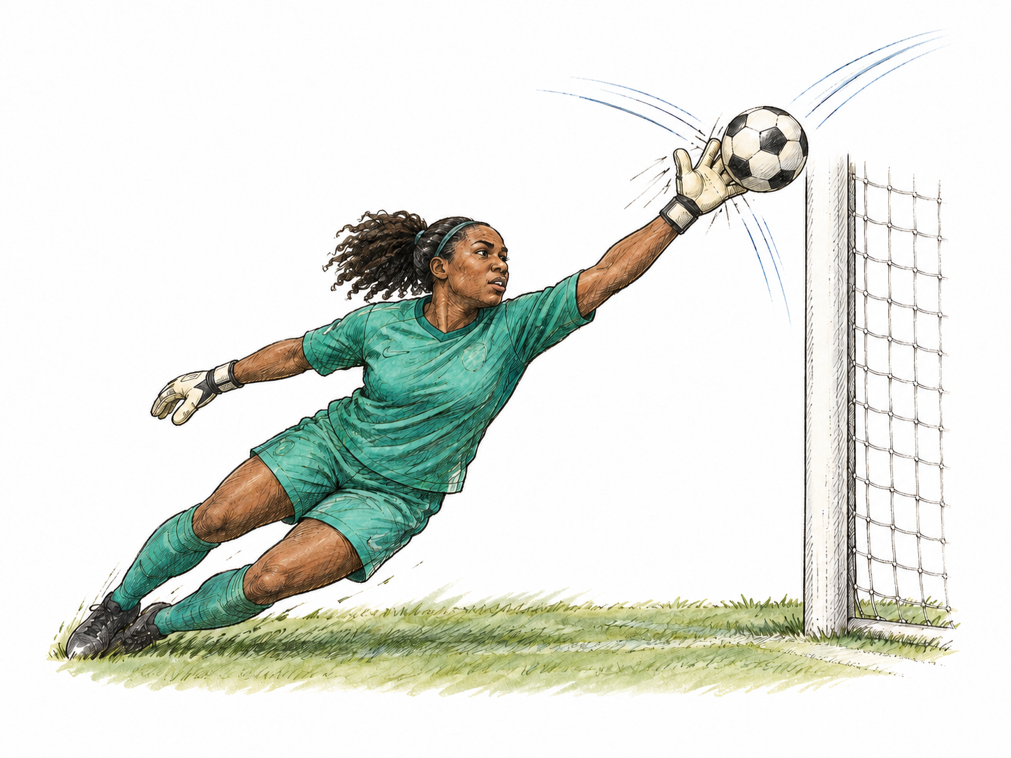A soccer ball strikes a goalkeeper’s open glove and changes course away from the goal; one ball at contact with subtle curved motion strokes showing the redirected path, compact goal edge.