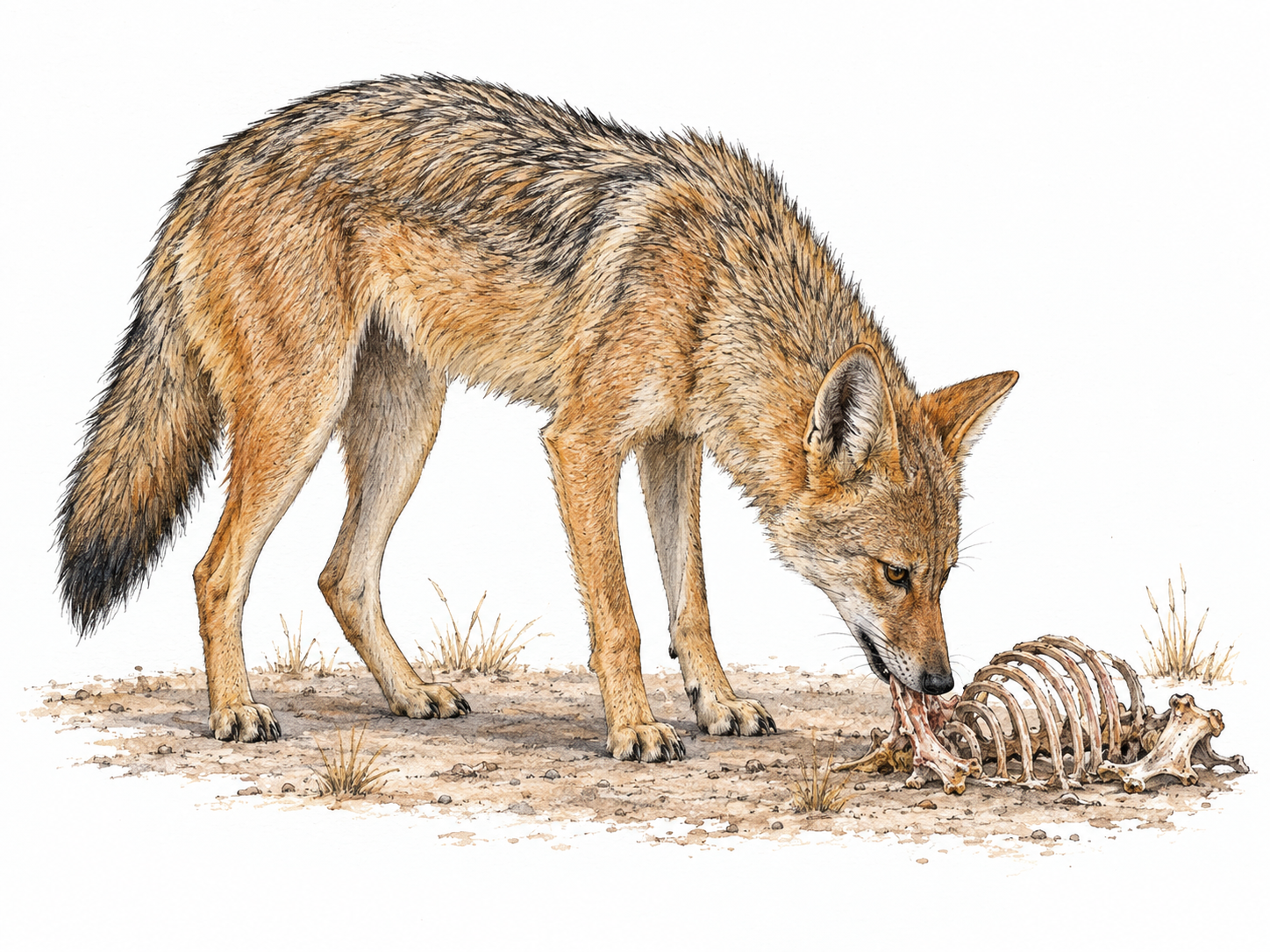 A golden jackal scavenges a small, dry carcass remnant, its pointed muzzle, large upright ears, grizzled golden coat and low bushy tail clearly visible.