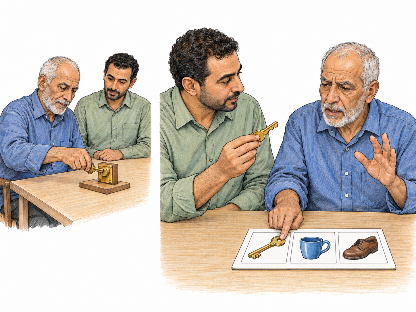 A compact two-moment clinical assessment contrasts preserved understanding of a familiar object's use with difficulty retrieving its name: the patient easily uses a key, then visibly struggles during an object-naming exercise with that same key.