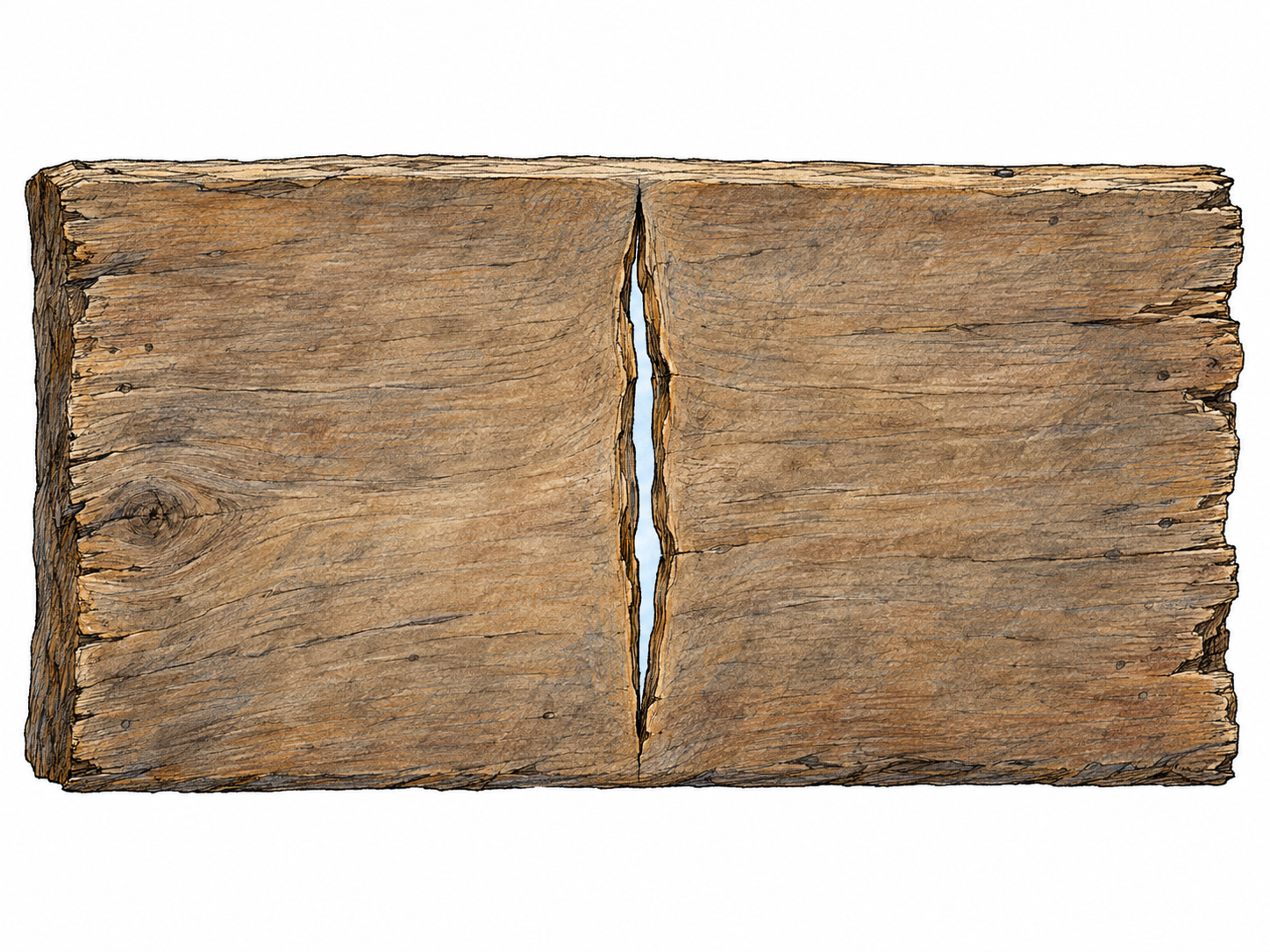 Close-up of a weathered wooden panel with one narrow, irregular split running through a plank; daylight visible through the slit makes the small opening unmistakable.