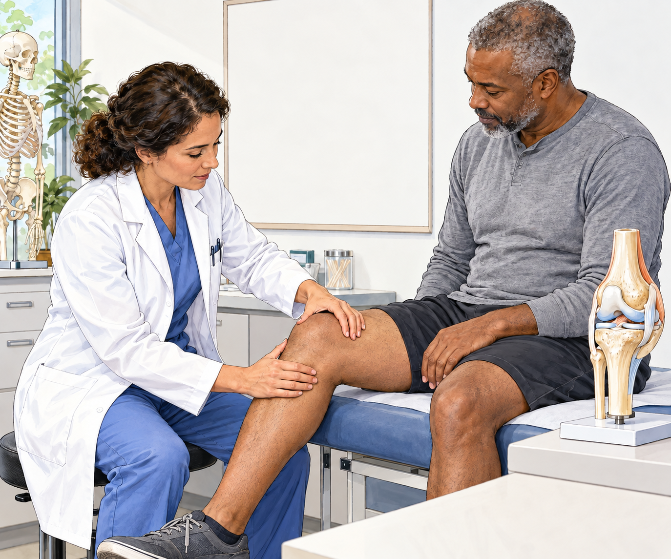 Orthopedic clinician examines a patient's knee beside anatomically clear joint model, calm clinical consultation.