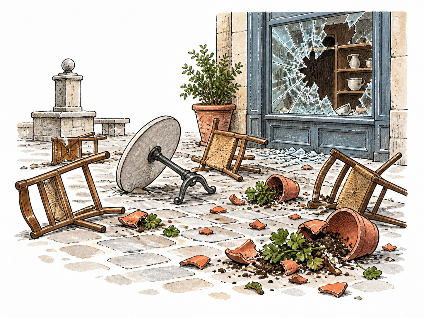 Aftermath of violent street disorder: overturned chairs, smashed plain shop window and scattered broken pots in a small public square, chaotic destruction without injured people, flames or writing.