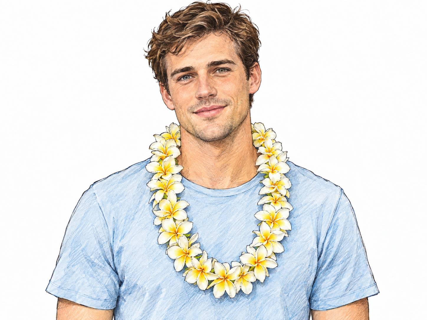 A chest-up portrait of a casually dressed young man wearing a lush flower lei, with the continuous garland clearly encircling his neck and resting on his chest.