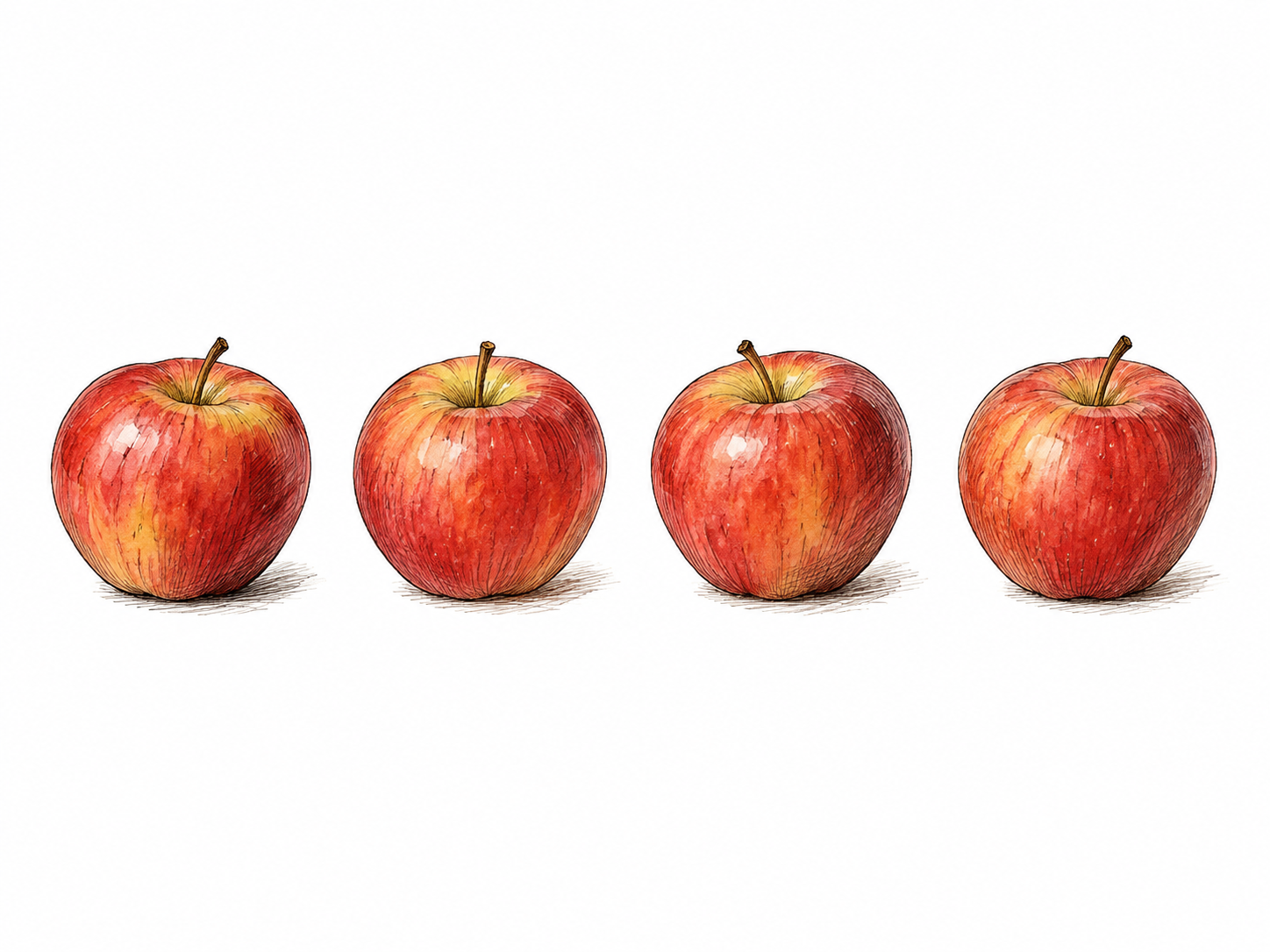 Exactly four red apples evenly spaced in a simple row, no extra fruit or numerals.
