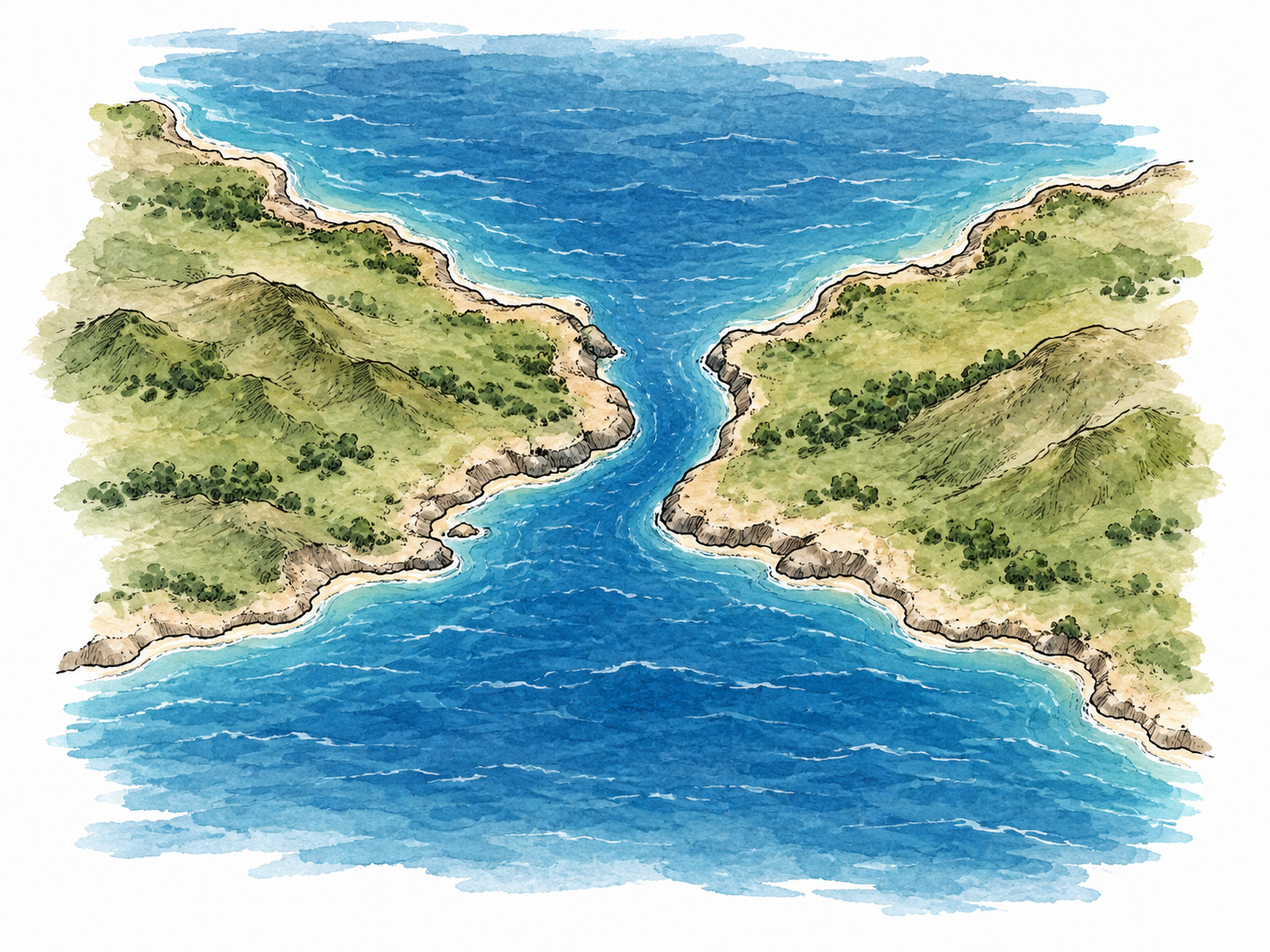 A narrow blue water passage lies between two land masses and connects two broad bodies of water, simple overhead ink map.