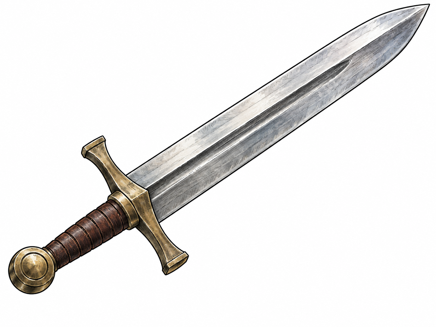 A broad-bladed sword is displayed alone at a slight angle, with wide straight blade and sturdy hilt clearly visible.