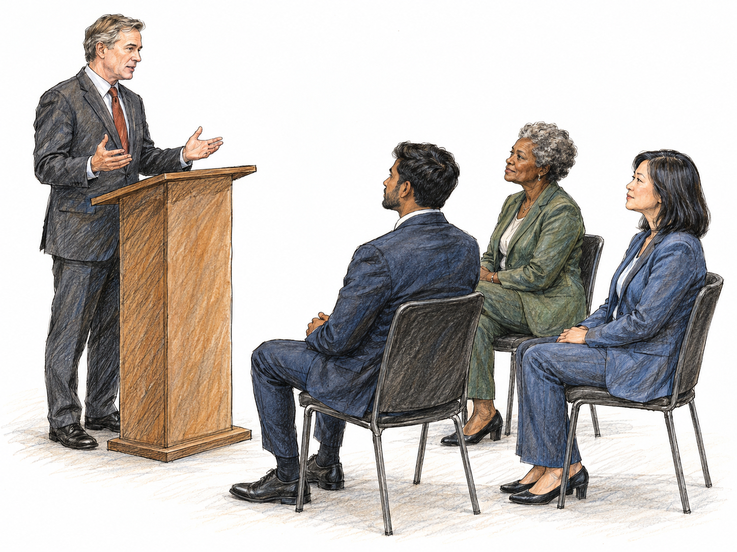 A small formal convocation: a middle-aged white man stands at a simple lectern addressing three seated attendees arranged in orderly rows, including a young adult South Asian man.