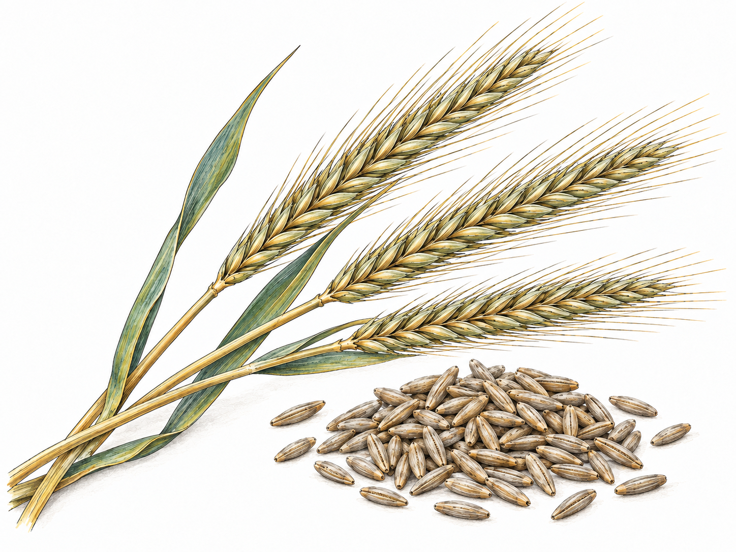 A close botanical still life of ripe rye ears beside a small mound of threshed rye kernels, emphasizing the grain rather than its processed products.