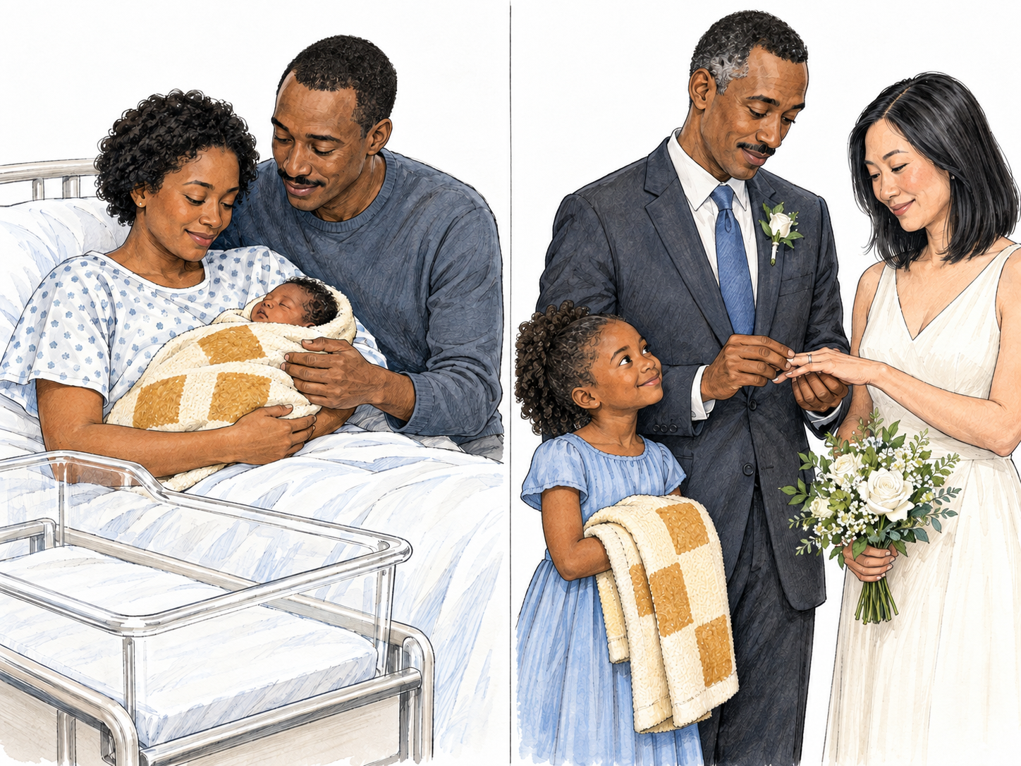 A compact two-scene family sequence shows a child's original parents at birth, then the same father marrying a different woman with the now-school-aged child beside him.