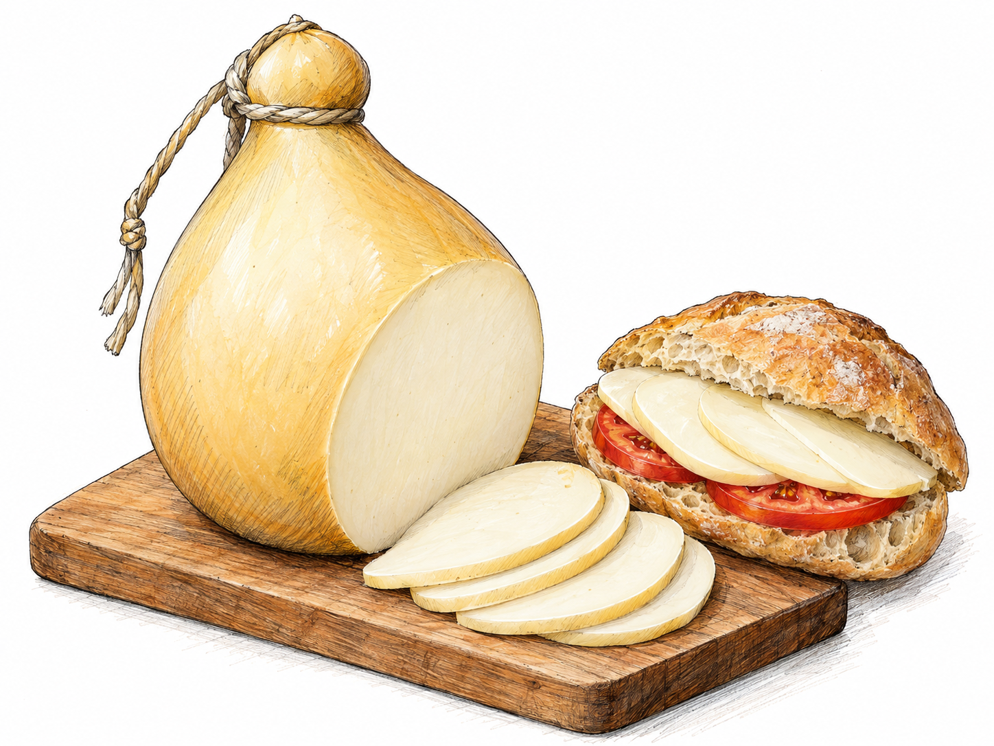 A rope-tied, pear-shaped provolone with a cut face and thin ivory slices beside an open sandwich, emphasizing the cheese itself and its familiar sandwich use.