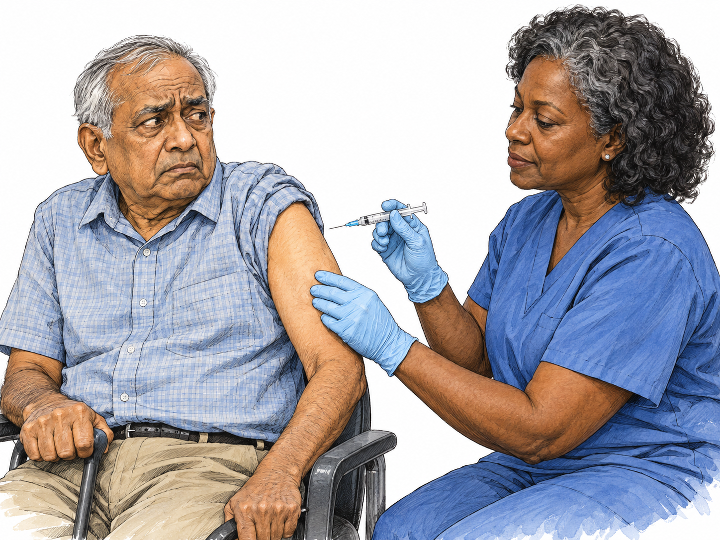 An older man awaiting an injection watches the prepared syringe with a worried expression, shoulders drawn up and his free hand gripping the chair.