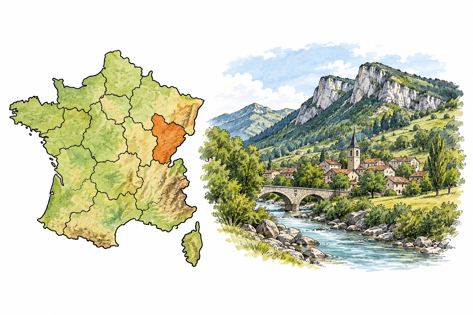 A map of a country with one region highlighted, beside a small local landscape vignette of that region, no names or letters.