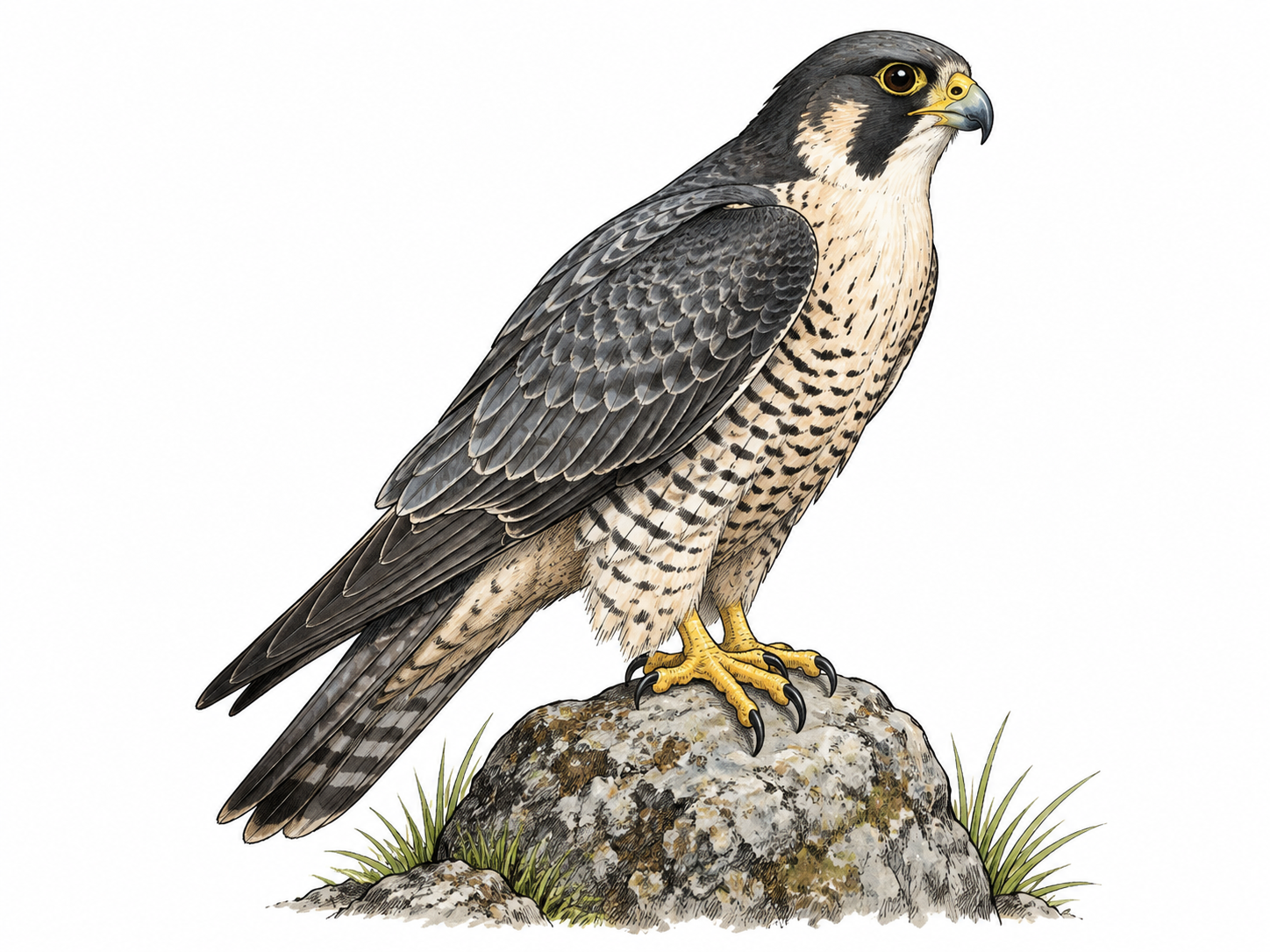 A peregrine falcon with dark hood and moustache markings perches alertly, showing barred pale underside, pointed folded wings and yellow cere.