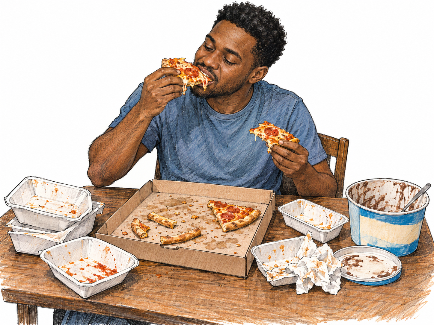 A lone man midway through an excessive eating session, still taking a large bite while numerous emptied takeout containers and stripped pizza crusts crowd the table directly around his meal.