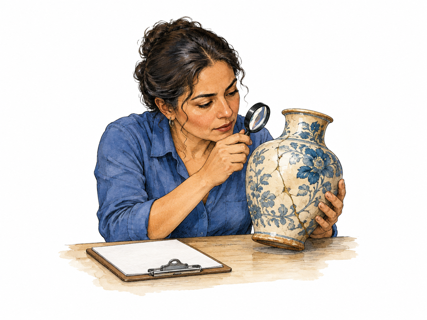 An adult evaluator closely examines an old ceramic vase with a small magnifying lens, checking glaze and a fine repaired crack.
