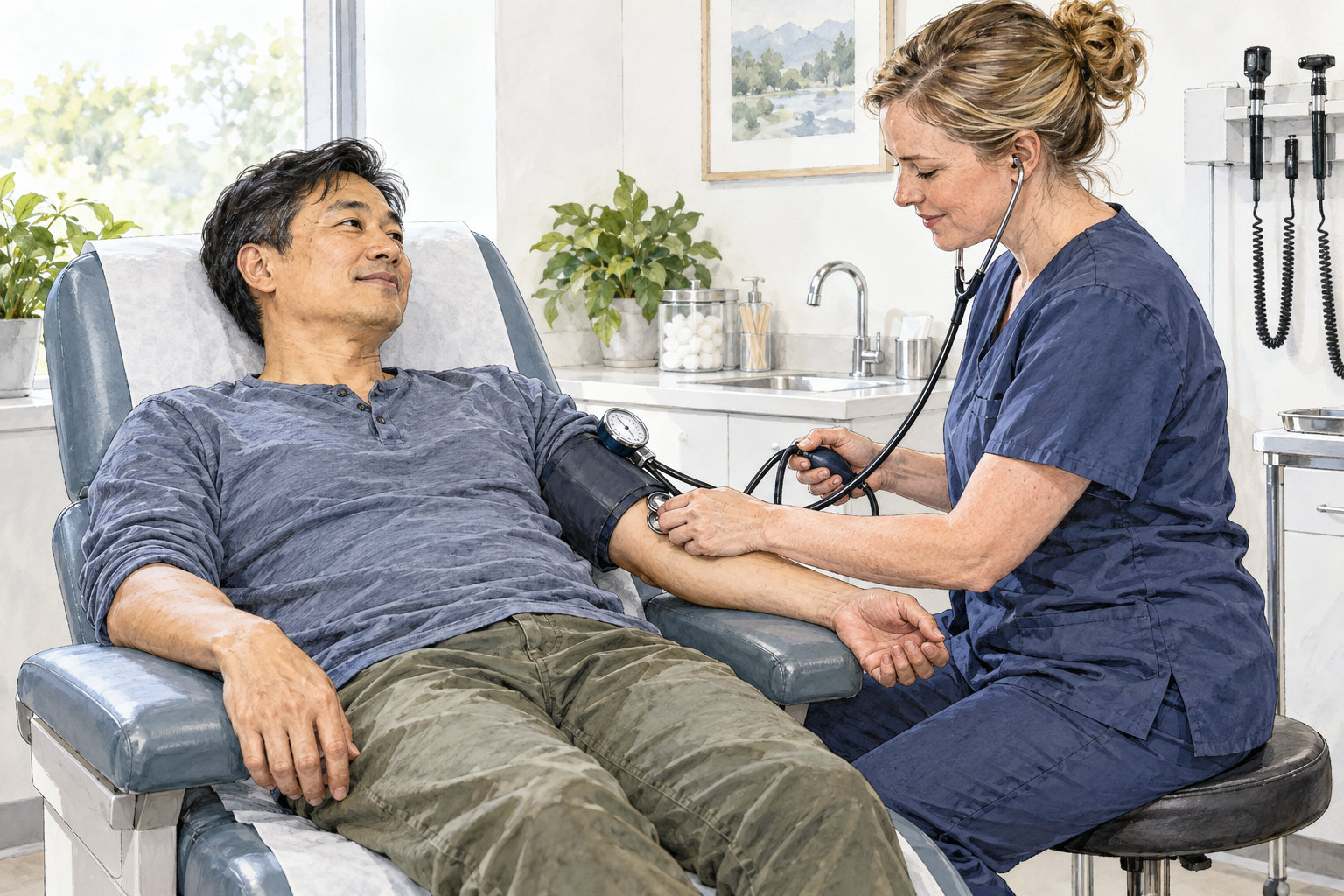 Asian adult male patient reclines in medical examination chair as white female nurse checks blood pressure, dignified ordinary care.