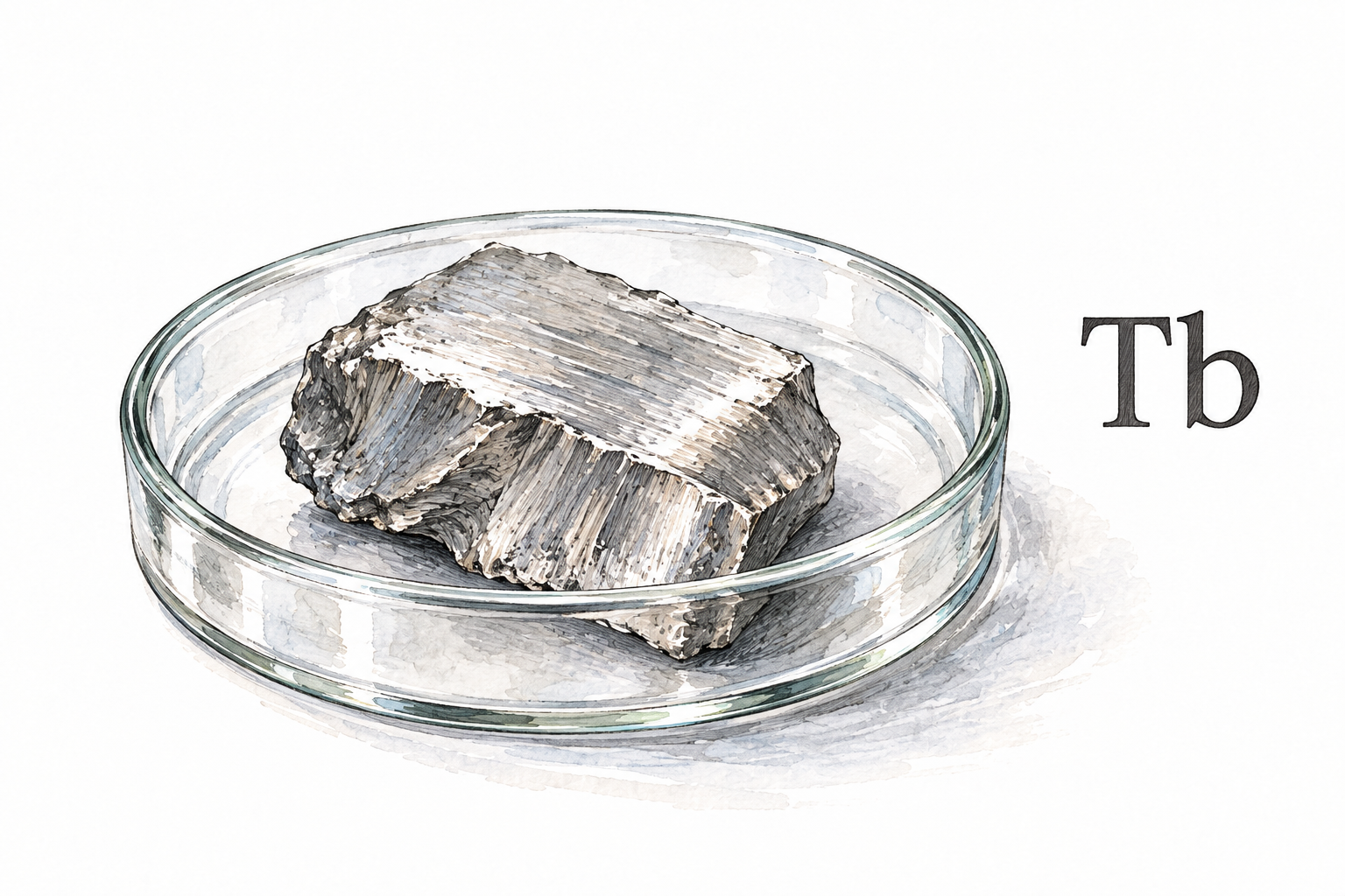 A silvery terbium metal sample in a small laboratory dish, soft metal sheen and clean edge, only essential element label 'Tb'.