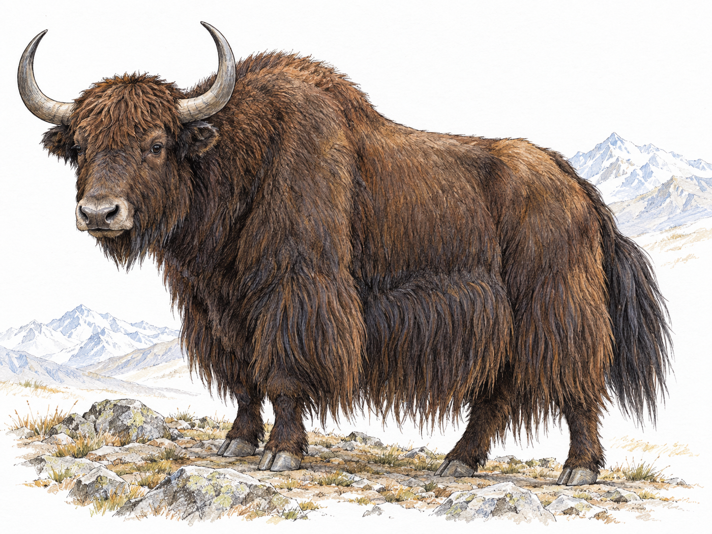 A single large yak in three-quarter side view on a sparse rocky highland patch, showing its massive shoulders, curved horns, long shaggy coat and bushy tail.