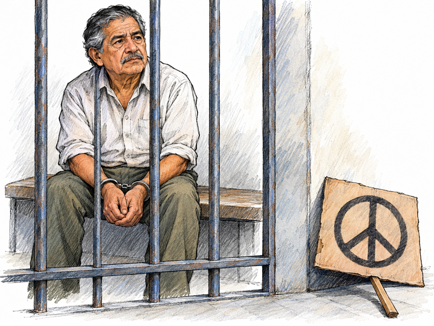 An older peace campaigner endures imprisonment for his cause: seated behind cell bars with cuffed wrists, he remains resolute beside his confiscated peace-symbol placard outside the cell.