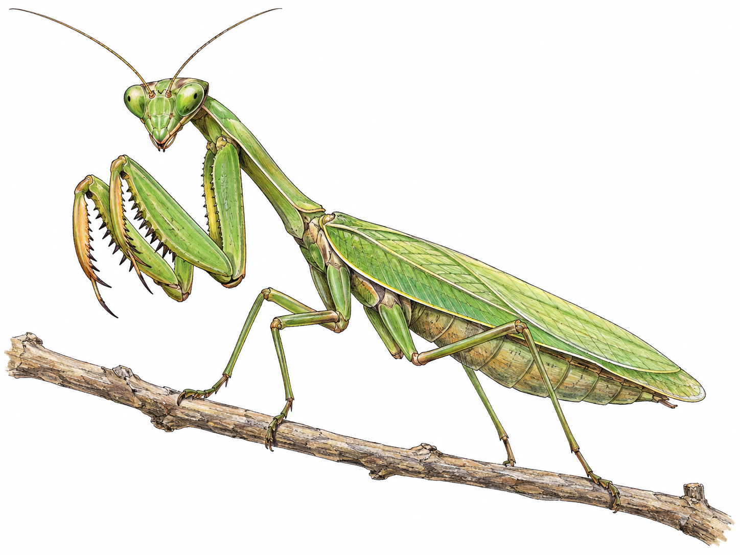 A single green praying mantis perched on a slender twig, its long spined forelegs folded together in the characteristic prayer-like pose.