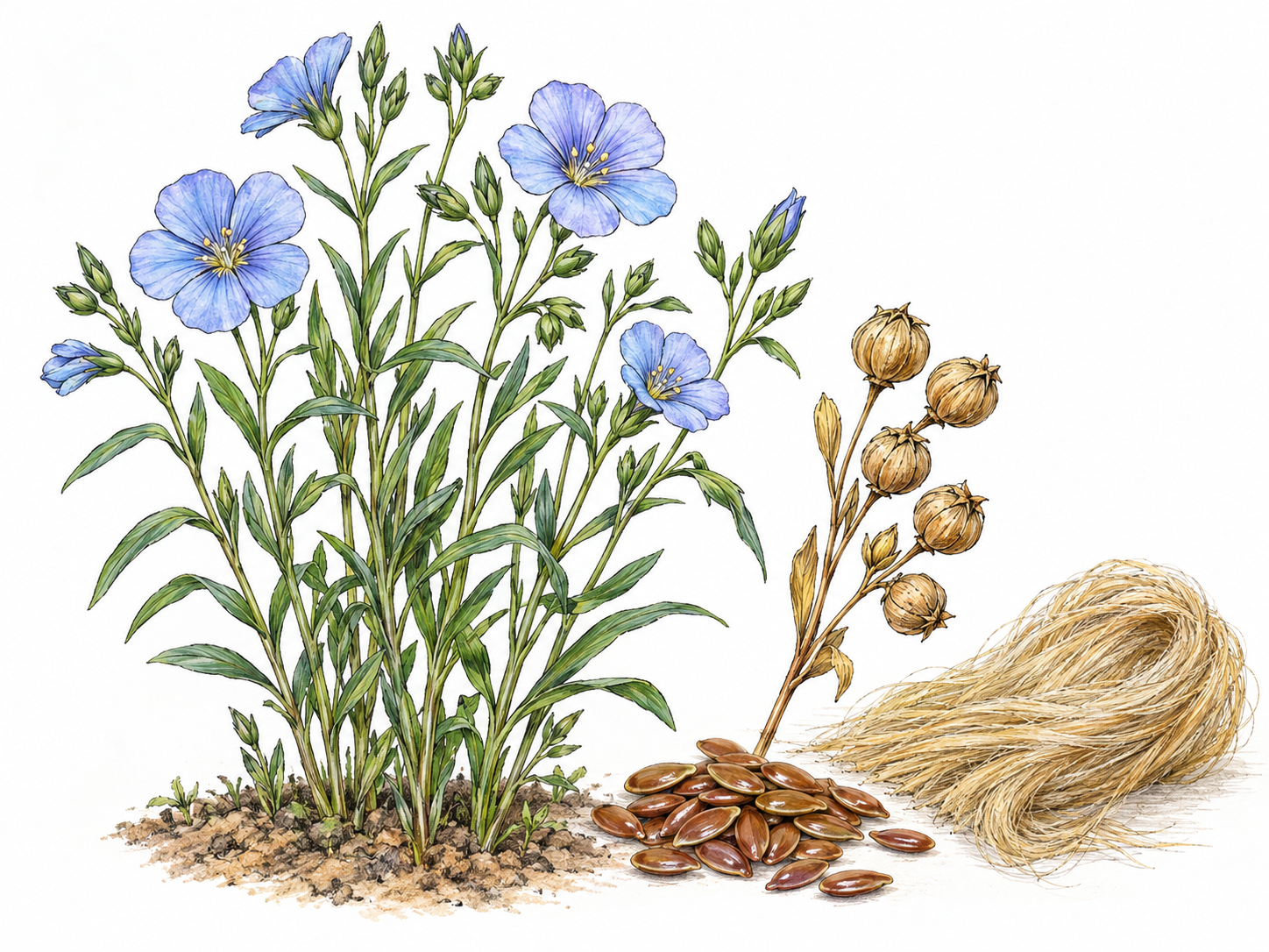 A recognizable flax plant with slender stems, narrow leaves and pale blue five-petaled flowers, accompanied by mature seed capsules, glossy brown flaxseeds and a small bundle of extracted flax fibers.