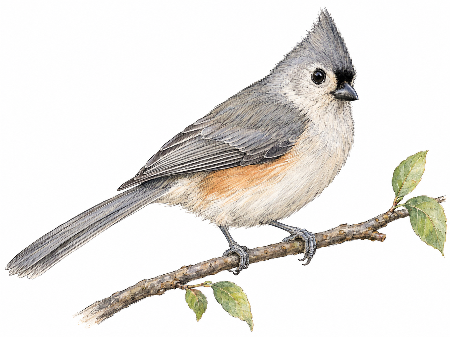 A single tufted titmouse perched in profile on a slender twig, clearly showing its small body, pointed crest, short bill, and characteristic plumage.