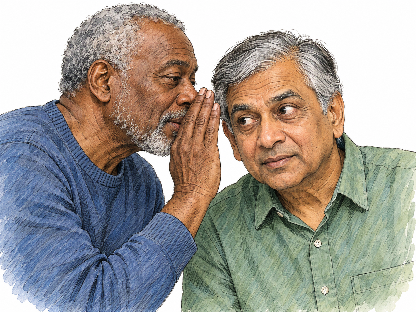 An older man leans close to another man's ear and speaks through barely parted lips, shielding the small gap with a loosely cupped hand.