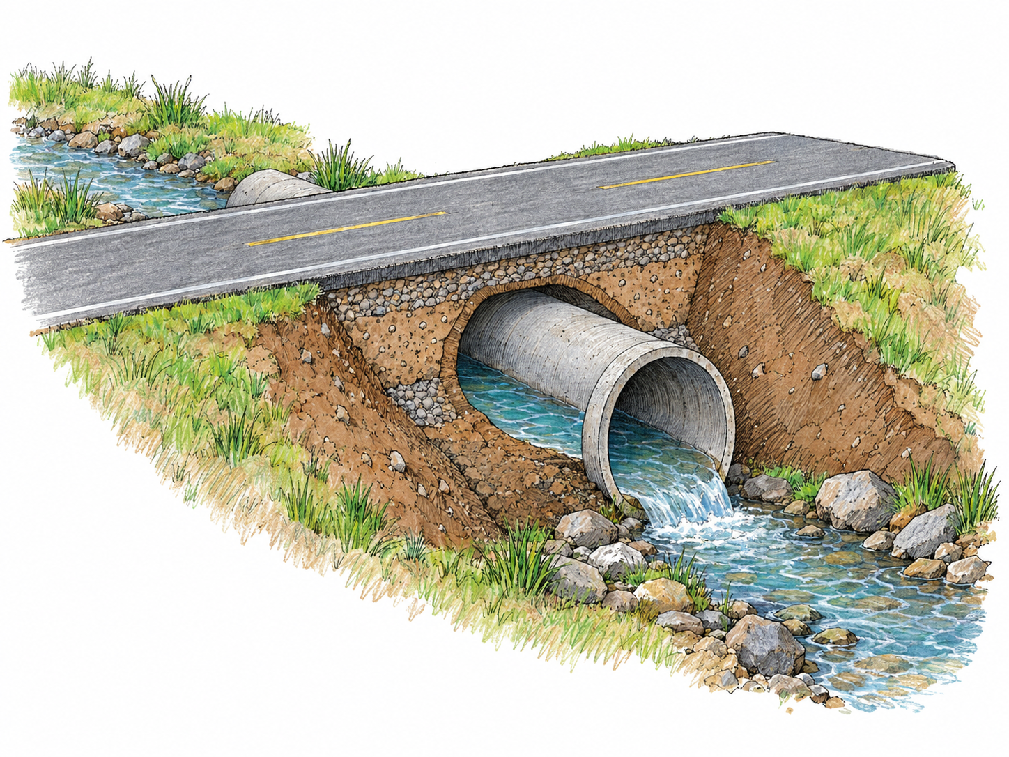 An oblique cutaway of a road embankment reveals a large culvert carrying a shallow stream beneath the road, with water visibly entering one end and emerging from the other.