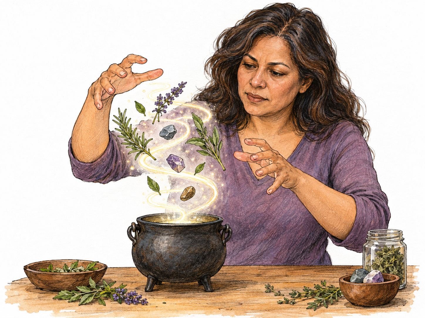 A woman practices visibly supernatural magic: with both hands poised above a small cauldron, she draws a glowing spiral from its contents while several herbs and stones float unsupported around her hands.
