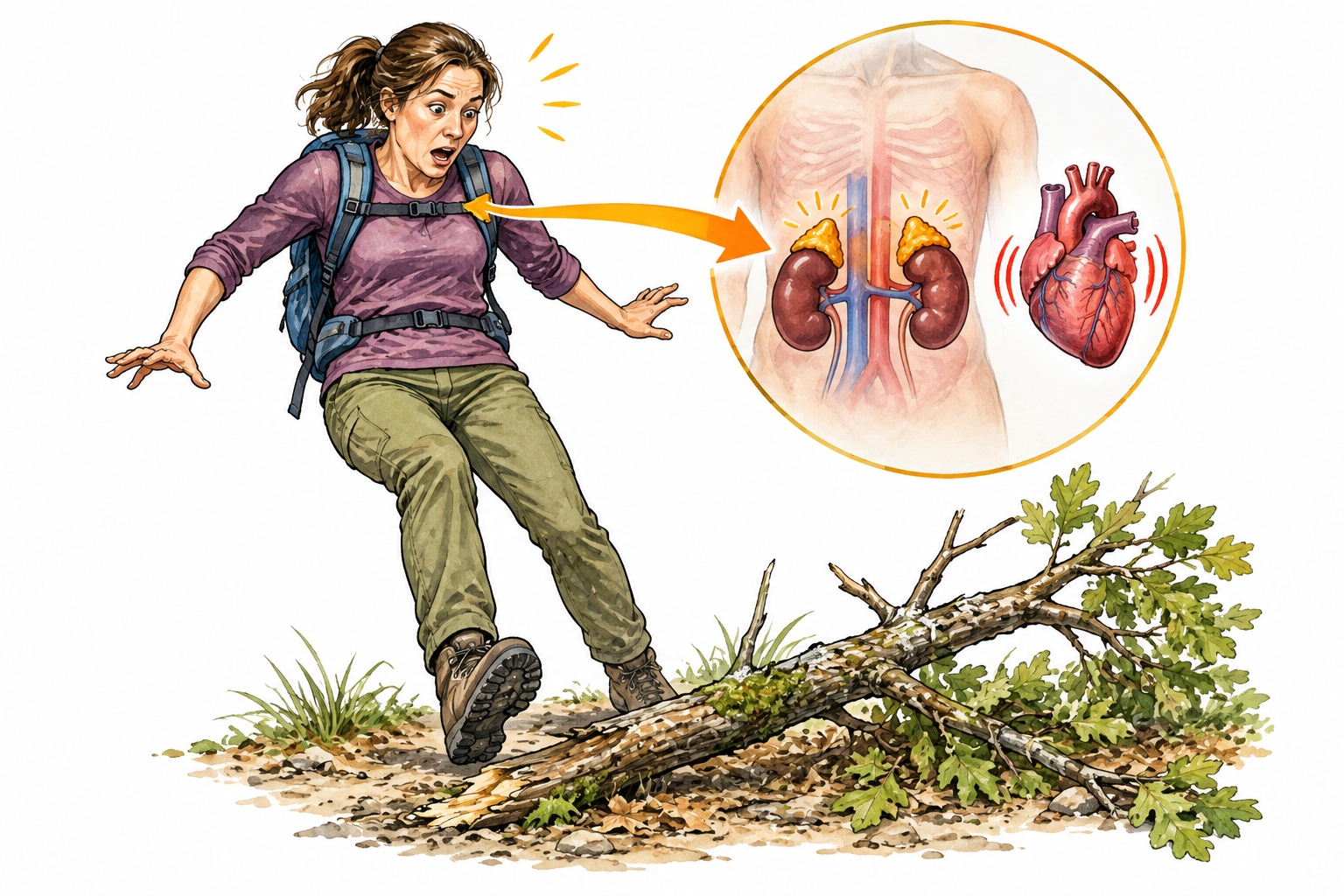 A startled adult woman encounters a fallen branch on a woodland path; small clean body inset highlights adrenal glands above kidneys and faster heartbeat, conveying stress hormone response.