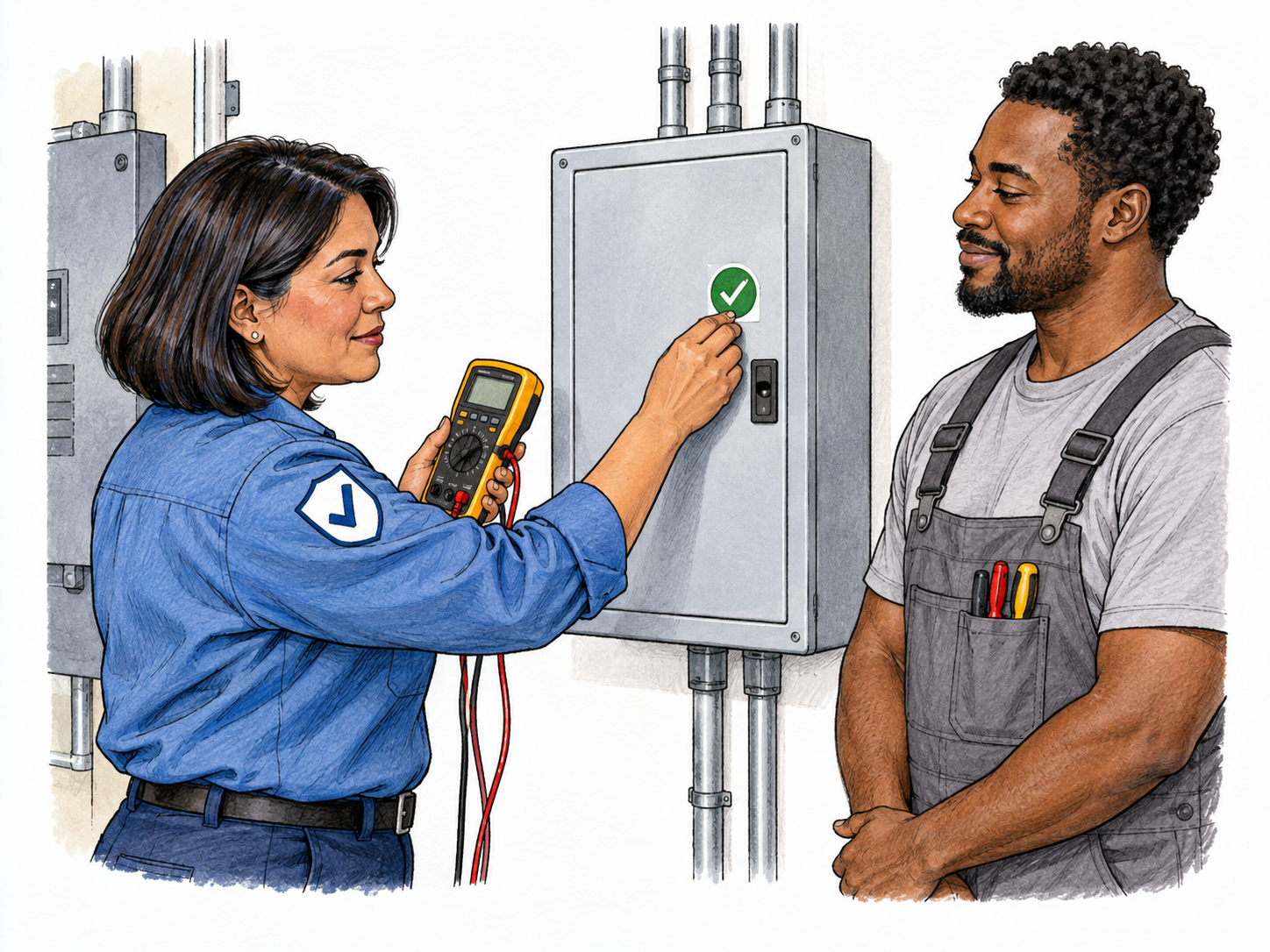 Inspector checks completed safe electrical device with testing meter then applies small green approval seal; electrician stands by, official standards confirmation.