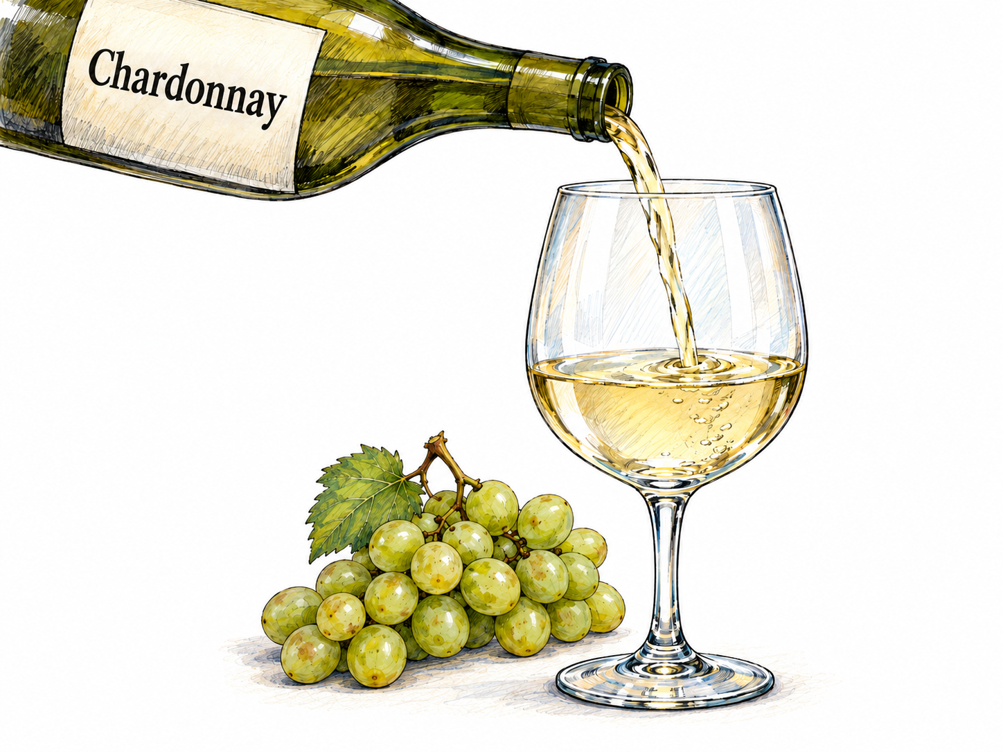 A close, diagonal pouring composition shows pale white wine flowing from a Chardonnay-labeled bottle into a stemmed glass, with a small bunch of green-skinned wine grapes beside the glass.