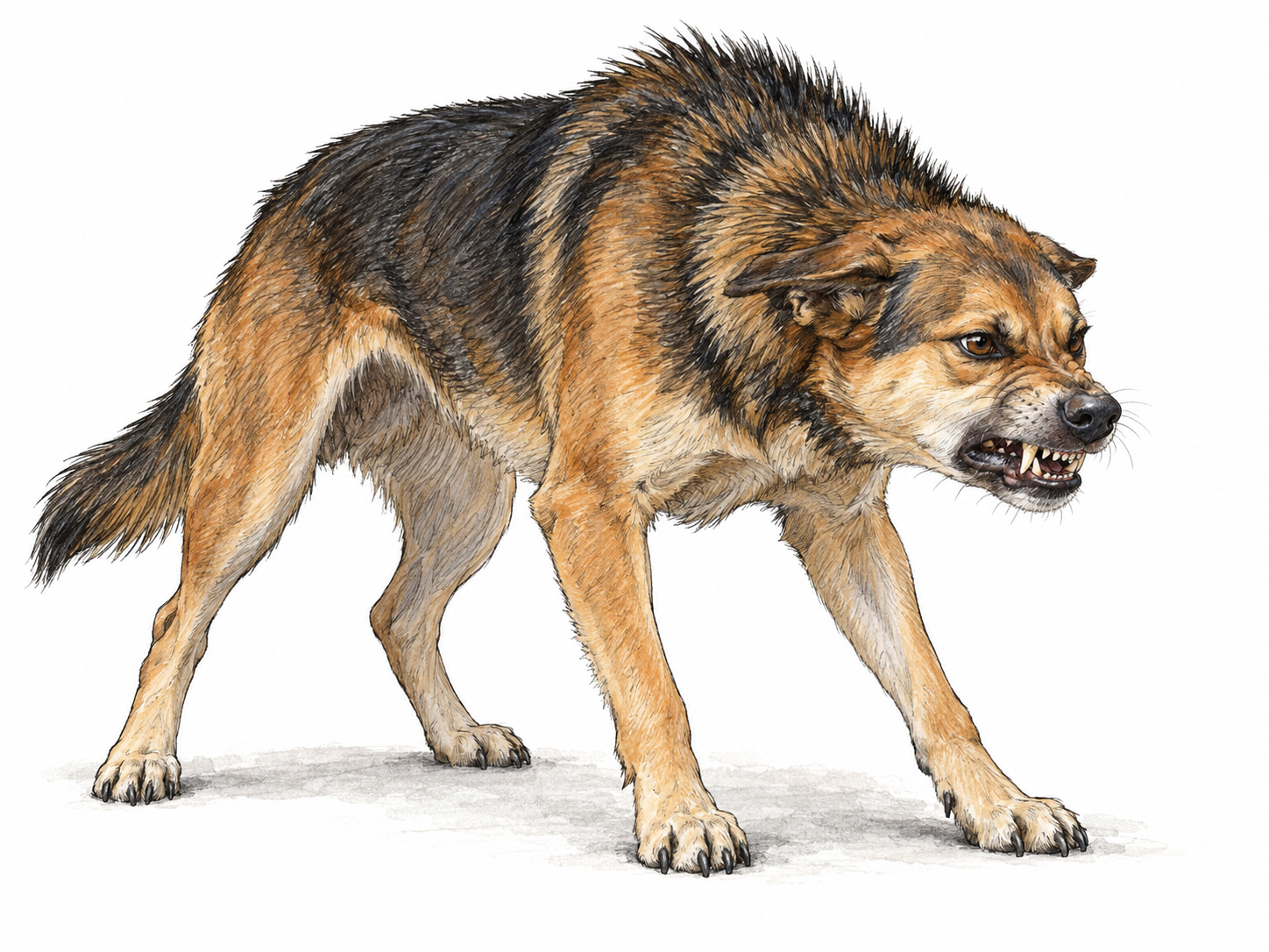 A tense dog growling defensively, with a slightly opened mouth, lifted upper lip, exposed canine teeth, flattened ears and raised hackles.