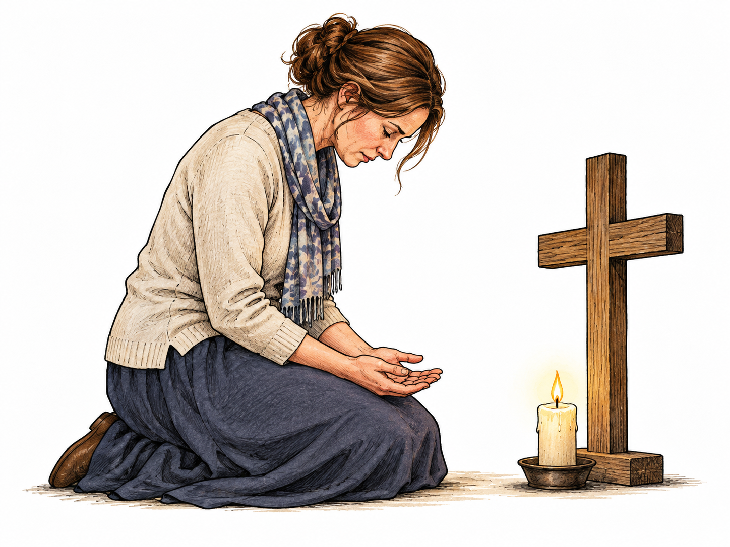 A modestly dressed adult kneels in quiet repentance beside a plain cross and small candle, hands open and head bowed; penitential attitude, no self-punishment injury.