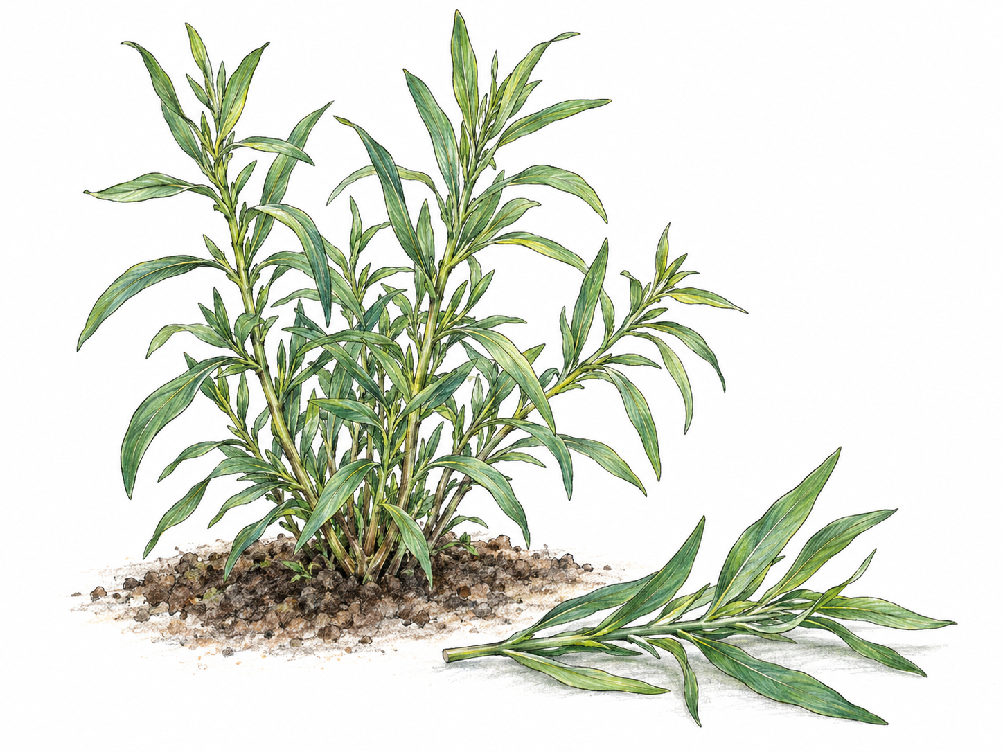 A small living tarragon plant with slender stems and narrow green leaves, accompanied by a freshly cut sprig that makes the leaf shape easy to see.