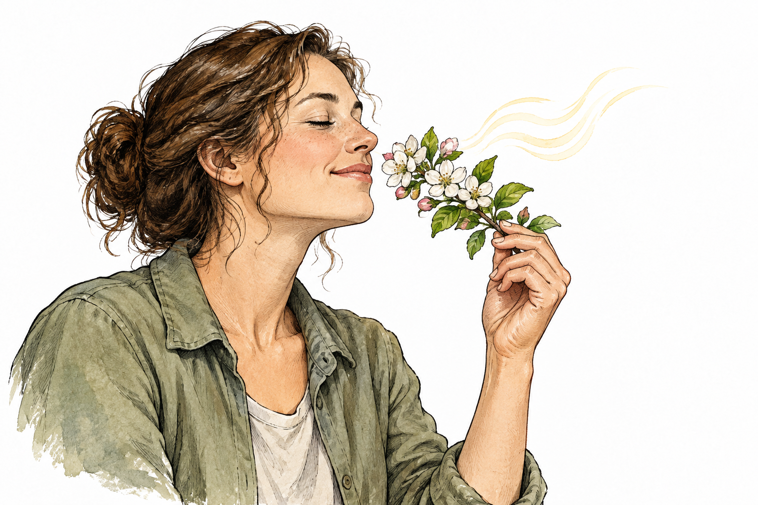 An adult enjoys the scent of a flowering sprig, subtle fragrance marks.