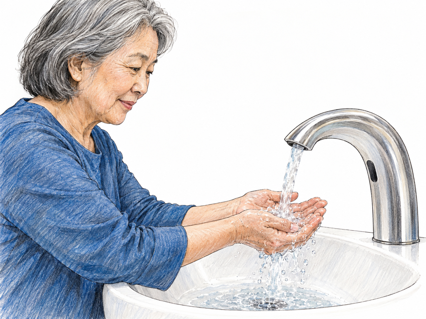 A touchless sensor faucet releases water over an older woman's hands while neither hand touches any control.
