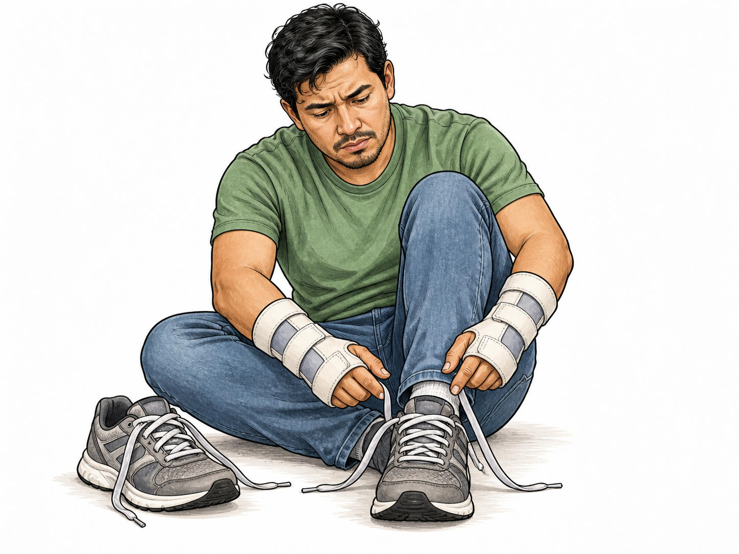 Adult with both hands temporarily in soft splints looks unable to tie shoelaces, shoes and loose laces foreground, dignified non-stereotyped depiction.