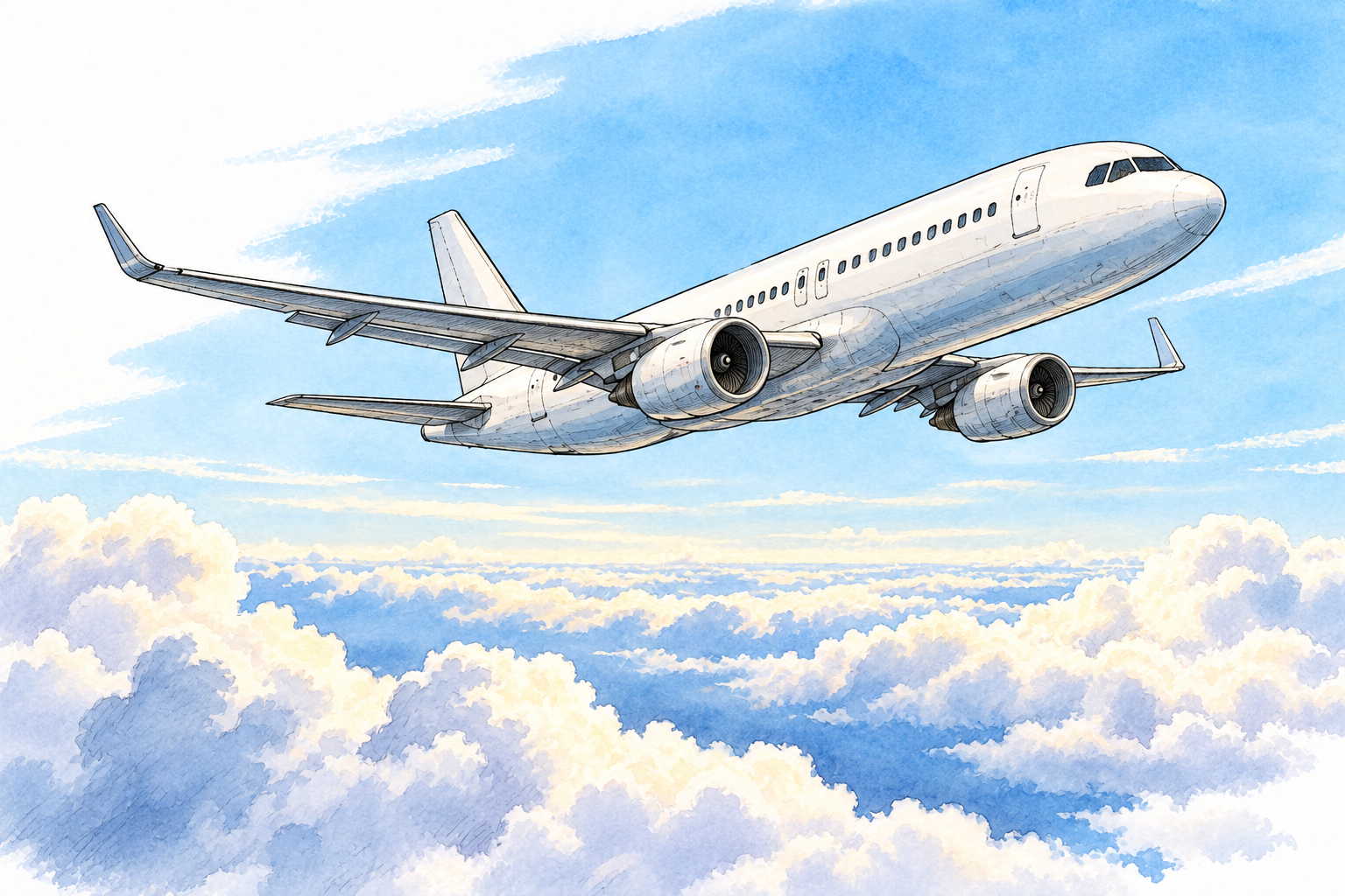 Passenger aircraft travels through clear sky above clouds, no airline logo or writing.