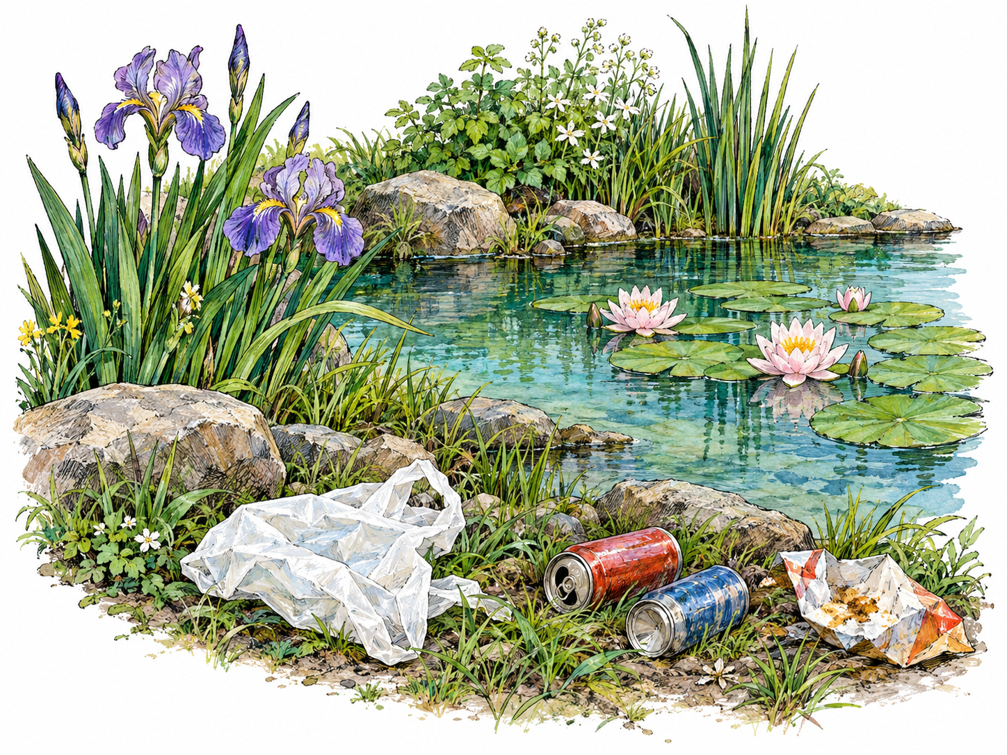 A conspicuous pile of litter detracts from the beauty of a small flowering pond: the appealing water lilies and flowers remain clearly visible, but the rubbish spoils the foreground.