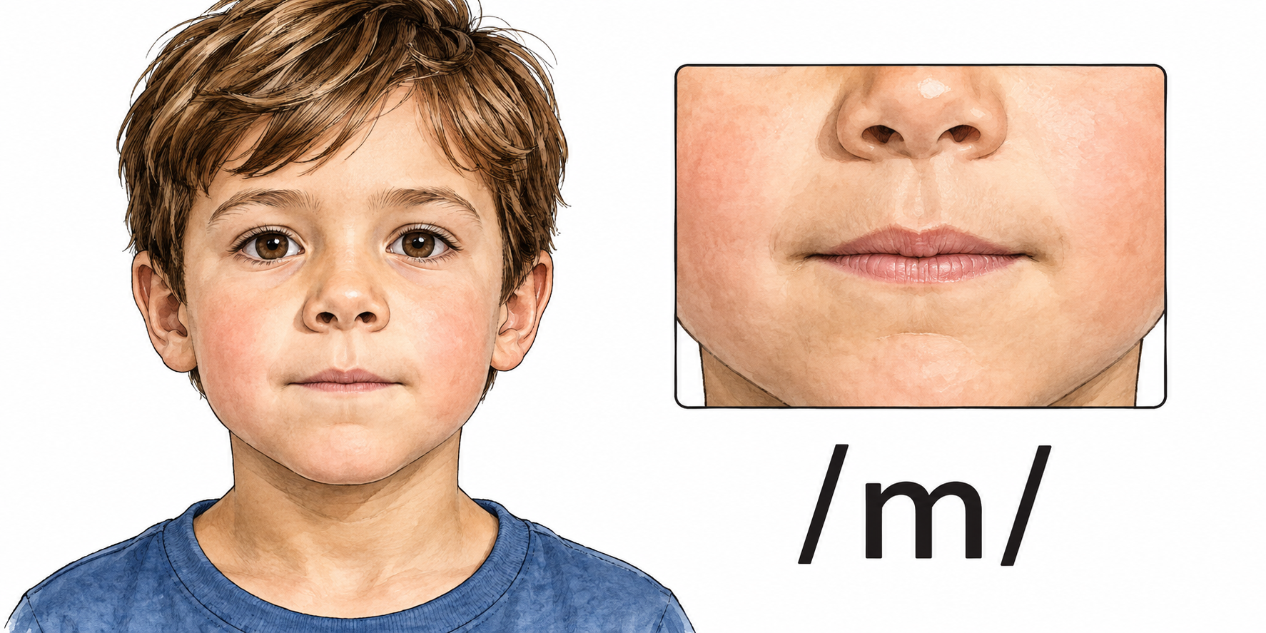 Close mouth pronouncing sound beside simple readable IPA /m/, lips closed gently, speech-sound notation educational panel.
