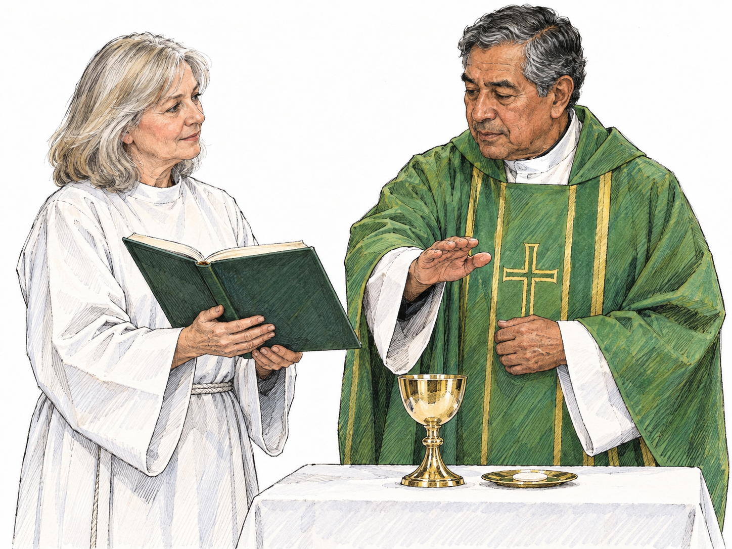 An acolyte holds an open service book for a priest conducting Communion, making her assisting role visibly distinct from his officiating role.